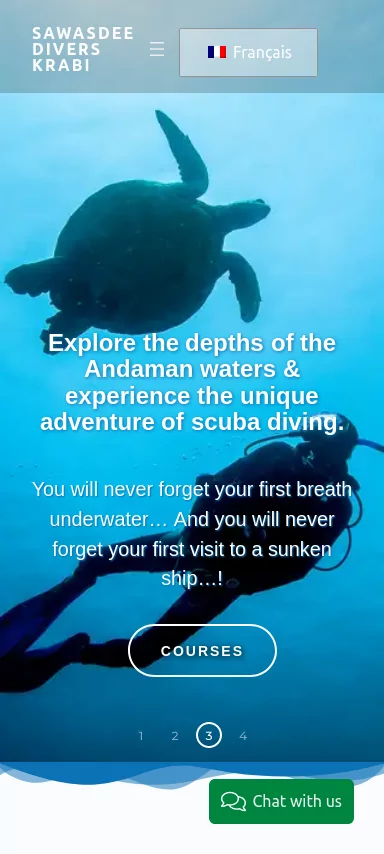 The mobile home page for a scuba diving company website in Krabi Thailand