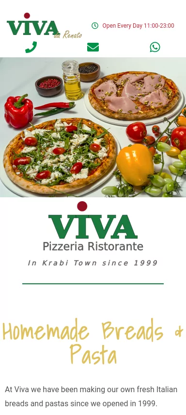 The website home page for an Italian Restaurant and pizzeria in Krabi Town Thailand