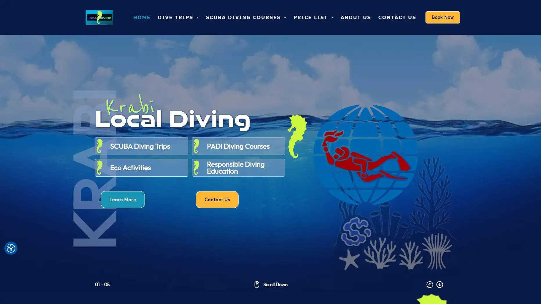 representation of the website homepage of krabi local diving .com on a desktop screen
