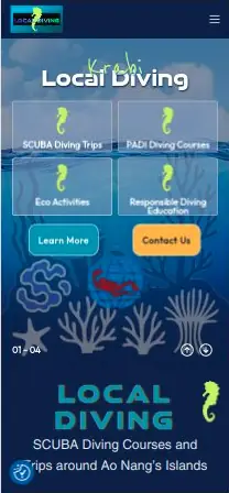 representation of the website homepage of krabi local diving .com on a mobile phone screen